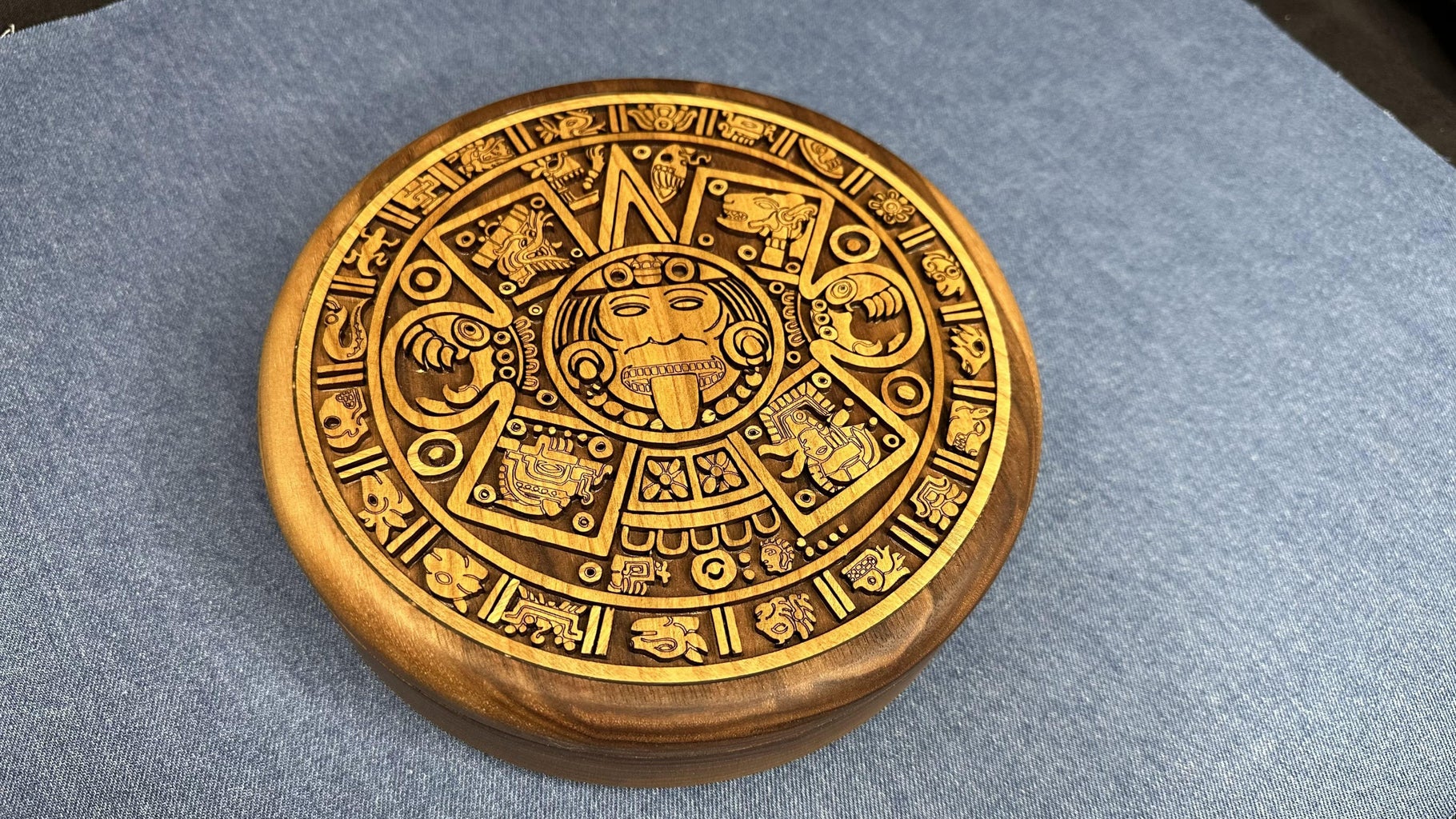 Wooden Round Maya Aztec Jewelry Box