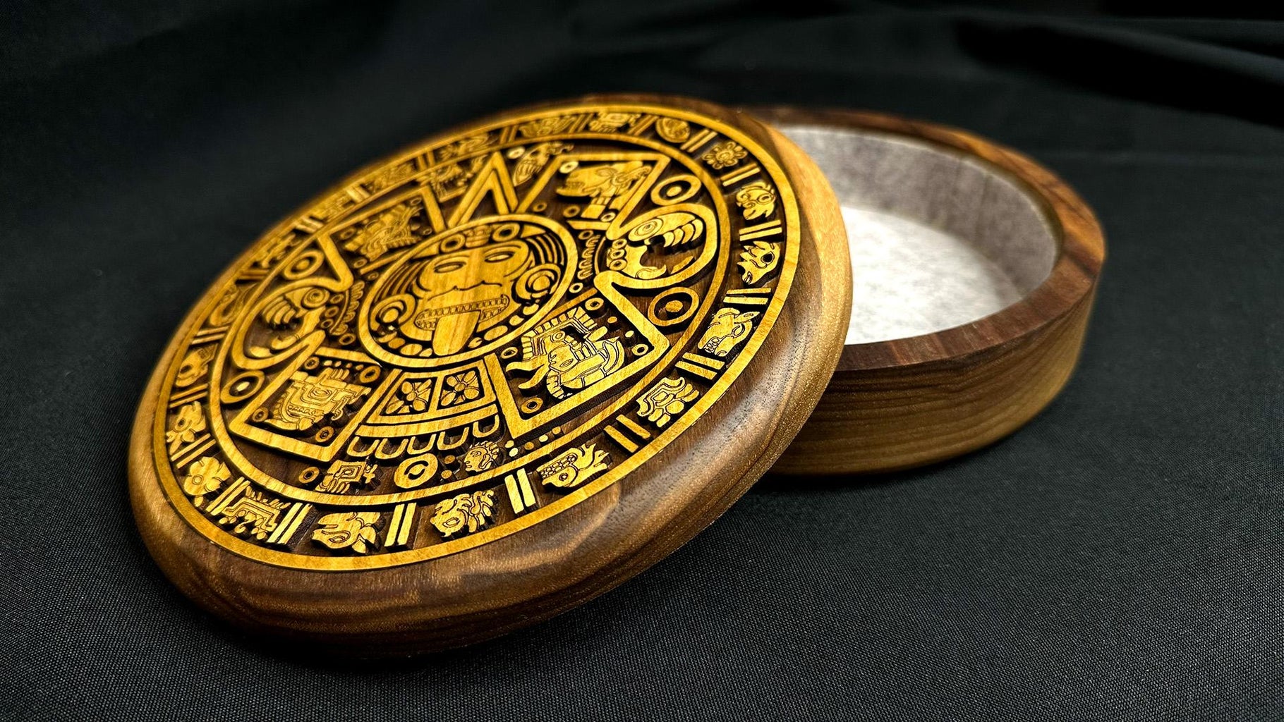 Wooden Round Maya Aztec Jewelry Box