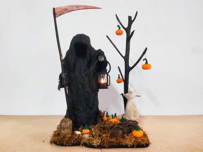 Grim Reaper With Scythe & Lantern in Graveyard Halloween Decor